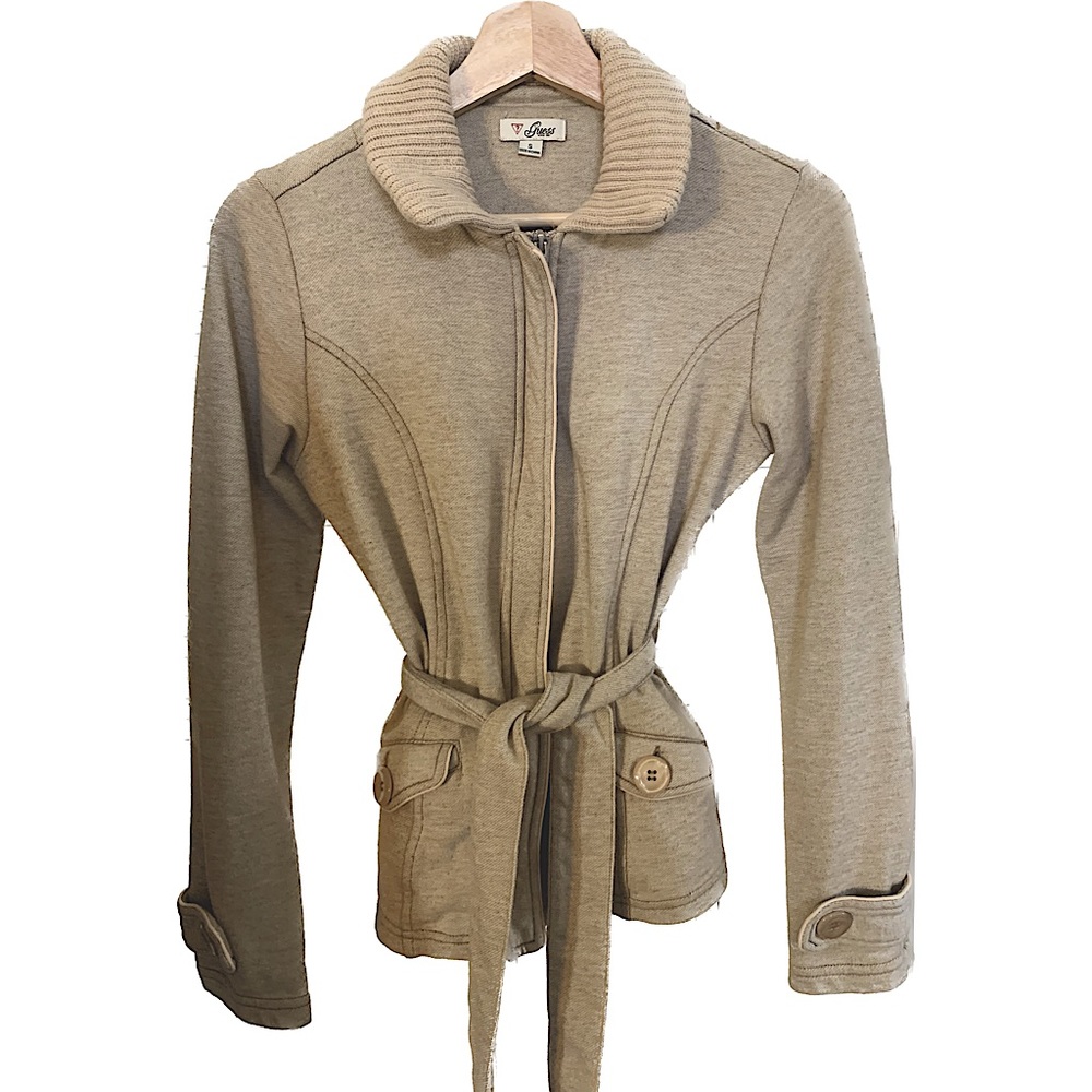 Guess Beige Zip-Up Sweater Cardigan with Belt